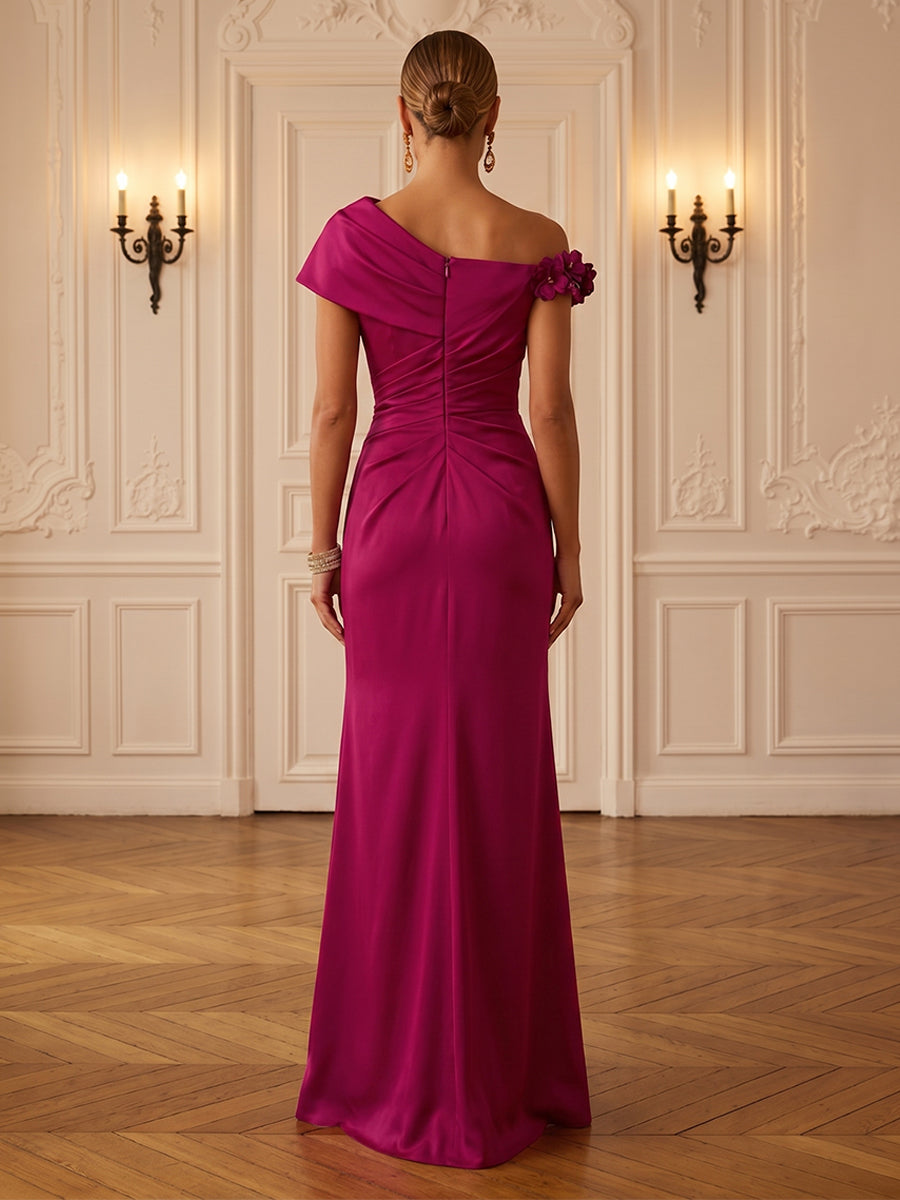 Satin Sheath/Column Off Shoulder Floor-Length Formal Dresses with Ruched Waist & Slit