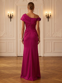 Satin Sheath/Column Off Shoulder Floor-Length Formal Dresses with Ruched Waist & Slit