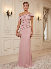 Satin Sheath/Column Off Shoulder Floor-Length Formal Dresses with Ruched Waist
