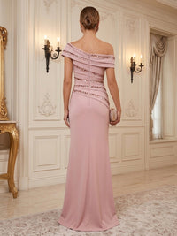 Satin Sheath/Column Off Shoulder Floor-Length Formal Dresses with Ruched Waist