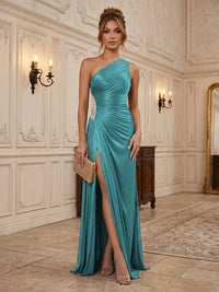 Chiffon Sheath/Column One Shoulder Floor-Length Formal Dresses with Pleats & Slit