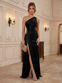 Chiffon Sheath/Column One Shoulder Floor-Length Formal Dresses with Pleats & Slit