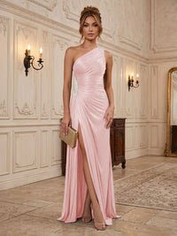 Chiffon Sheath/Column One Shoulder Floor-Length Formal Dresses with Pleats & Slit