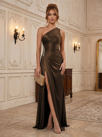 Chiffon Sheath/Column One Shoulder Floor-Length Formal Dresses with Pleats & Slit