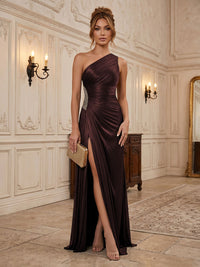 Chiffon Sheath/Column One Shoulder Floor-Length Formal Dresses with Pleats & Slit
