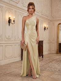 Chiffon Sheath/Column One Shoulder Floor-Length Formal Dresses with Pleats & Slit