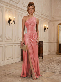 Chiffon Sheath/Column One Shoulder Floor-Length Formal Dresses with Pleats & Slit