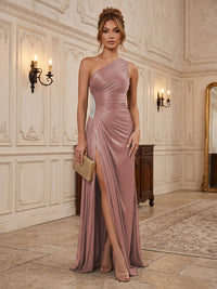 Chiffon Sheath/Column One Shoulder Floor-Length Formal Dresses with Pleats & Slit