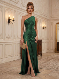 Chiffon Sheath/Column One Shoulder Floor-Length Formal Dresses with Pleats & Slit