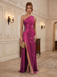 Chiffon Sheath/Column One Shoulder Floor-Length Formal Dresses with Pleats & Slit