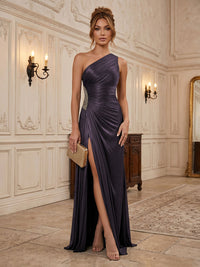 Chiffon Sheath/Column One Shoulder Floor-Length Formal Dresses with Pleats & Slit