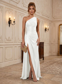 Chiffon Sheath/Column One Shoulder Floor-Length Formal Dresses with Pleats & Slit