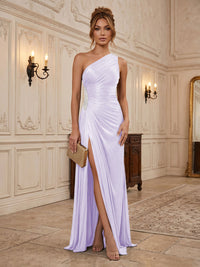 Chiffon Sheath/Column One Shoulder Floor-Length Formal Dresses with Pleats & Slit