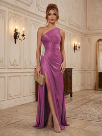 Chiffon Sheath/Column One Shoulder Floor-Length Formal Dresses with Pleats & Slit