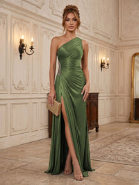 Chiffon Sheath/Column One Shoulder Floor-Length Formal Dresses with Pleats & Slit