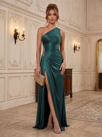 Chiffon Sheath/Column One Shoulder Floor-Length Formal Dresses with Pleats & Slit