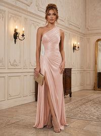 Chiffon Sheath/Column One Shoulder Floor-Length Formal Dresses with Pleats & Slit