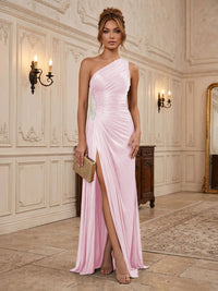 Chiffon Sheath/Column One Shoulder Floor-Length Formal Dresses with Pleats & Slit