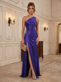 Chiffon Sheath/Column One Shoulder Floor-Length Formal Dresses with Pleats & Slit