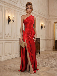 Chiffon Sheath/Column One Shoulder Floor-Length Formal Dresses with Pleats & Slit