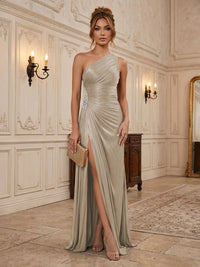 Chiffon Sheath/Column One Shoulder Floor-Length Formal Dresses with Pleats & Slit