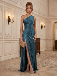 Chiffon Sheath/Column One Shoulder Floor-Length Formal Dresses with Pleats & Slit