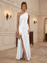 Chiffon Sheath/Column One Shoulder Floor-Length Formal Dresses with Pleats & Slit