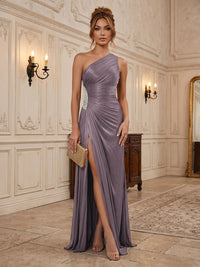 Chiffon Sheath/Column One Shoulder Floor-Length Formal Dresses with Pleats & Slit