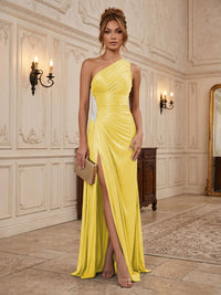 Chiffon Sheath/Column One Shoulder Floor-Length Formal Dresses with Pleats & Slit