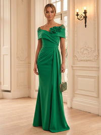 Stretch Jersey Sheath/Column Off Shoulder Floor-Length Formal Dresses with 3D Flowers & Ruched Waist