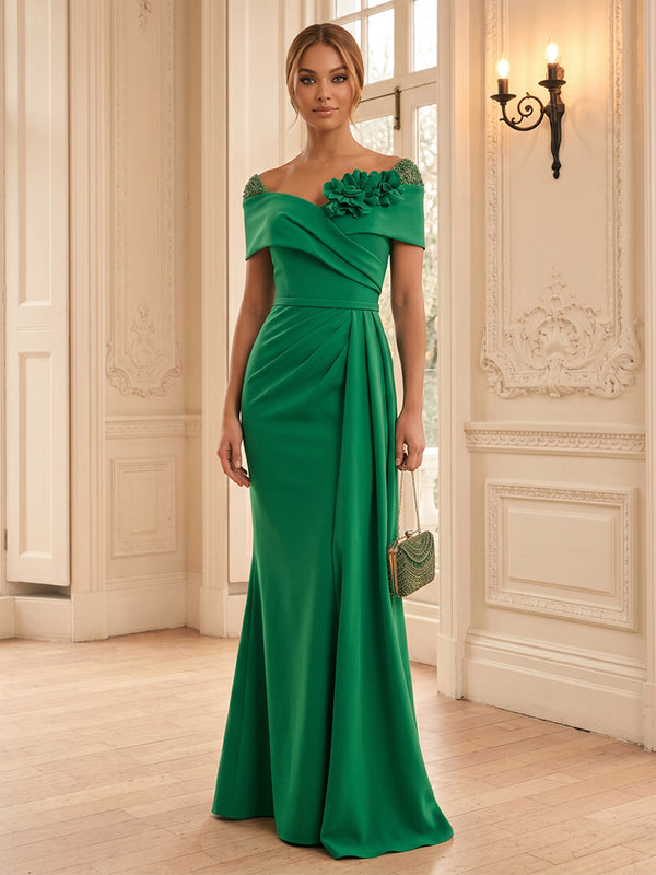 Stretch Jersey Sheath/Column Off Shoulder Floor-Length Formal Dresses with 3D Flowers & Ruched Waist