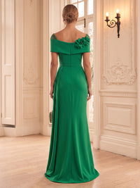 Stretch Jersey Sheath/Column Off Shoulder Floor-Length Formal Dresses with 3D Flowers & Ruched Waist