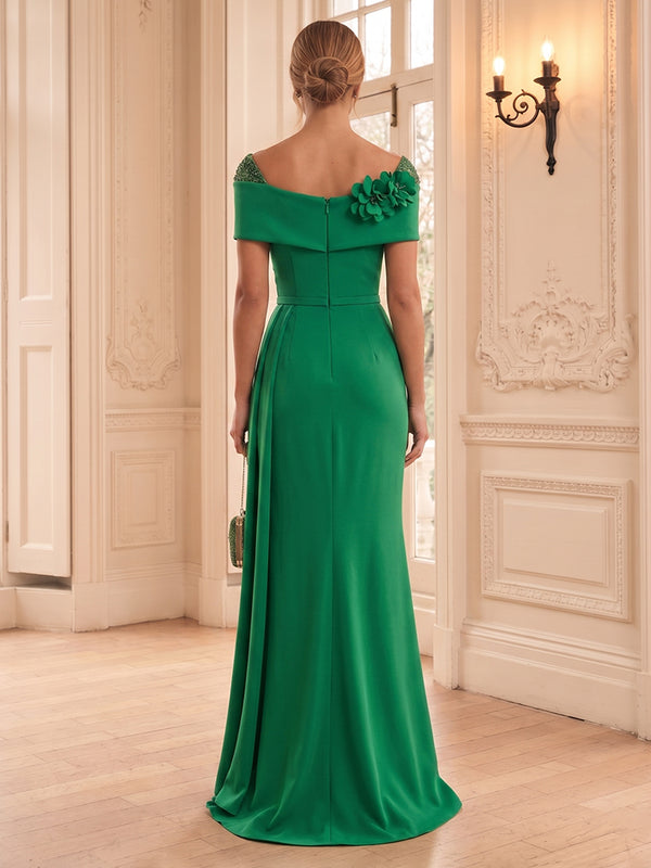 Stretch Jersey Sheath/Column Off Shoulder Floor-Length Formal Dresses with 3D Flowers & Ruched Waist