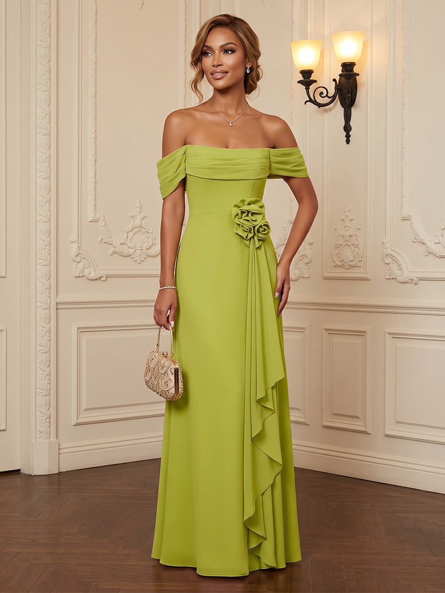 Chiffon A-Line/Princess Off Shoulder Floor-Length Formal Dresses with 3D Flowers & Ruffles