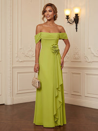 Chiffon A-Line/Princess Off Shoulder Floor-Length Formal Dresses with 3D Flowers & Ruffles