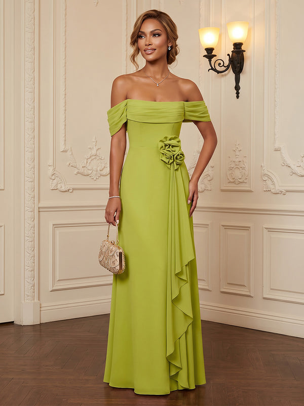 Chiffon A-Line/Princess Off Shoulder Floor-Length Formal Dresses with 3D Flowers & Ruffles
