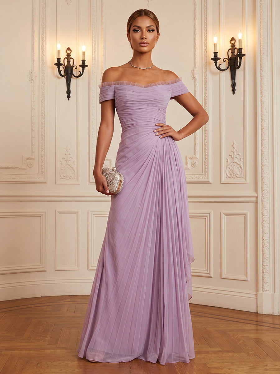 Chiffon A-Line/Princess Off Shoulder Floor-Length Formal Dresses with Ruffles & Pleats