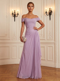Chiffon A-Line/Princess Off Shoulder Floor-Length Formal Dresses with Ruffles & Pleats