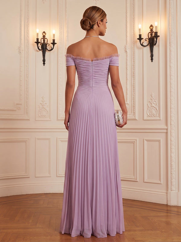 Chiffon A-Line/Princess Off Shoulder Floor-Length Formal Dresses with Ruffles & Pleats