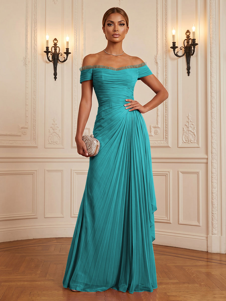 Chiffon A-Line/Princess Off Shoulder Floor-Length Formal Dresses with Ruffles & Pleats