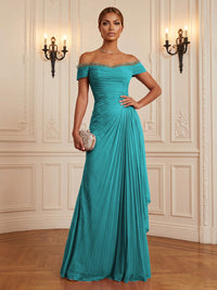 Chiffon A-Line/Princess Off Shoulder Floor-Length Formal Dresses with Ruffles & Pleats
