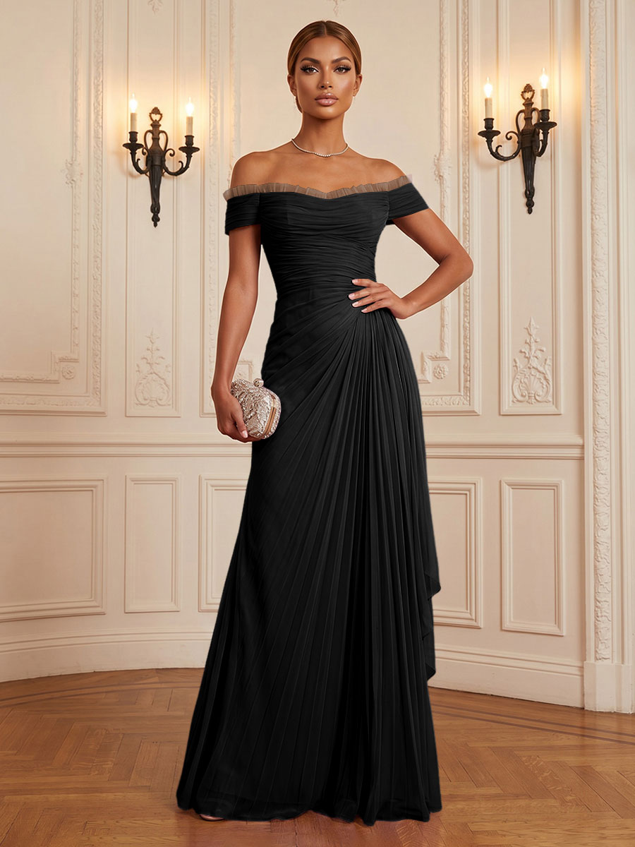Chiffon A-Line/Princess Off Shoulder Floor-Length Formal Dresses with Ruffles & Pleats