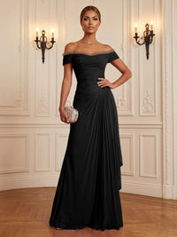 Chiffon A-Line/Princess Off Shoulder Floor-Length Formal Dresses with Ruffles & Pleats