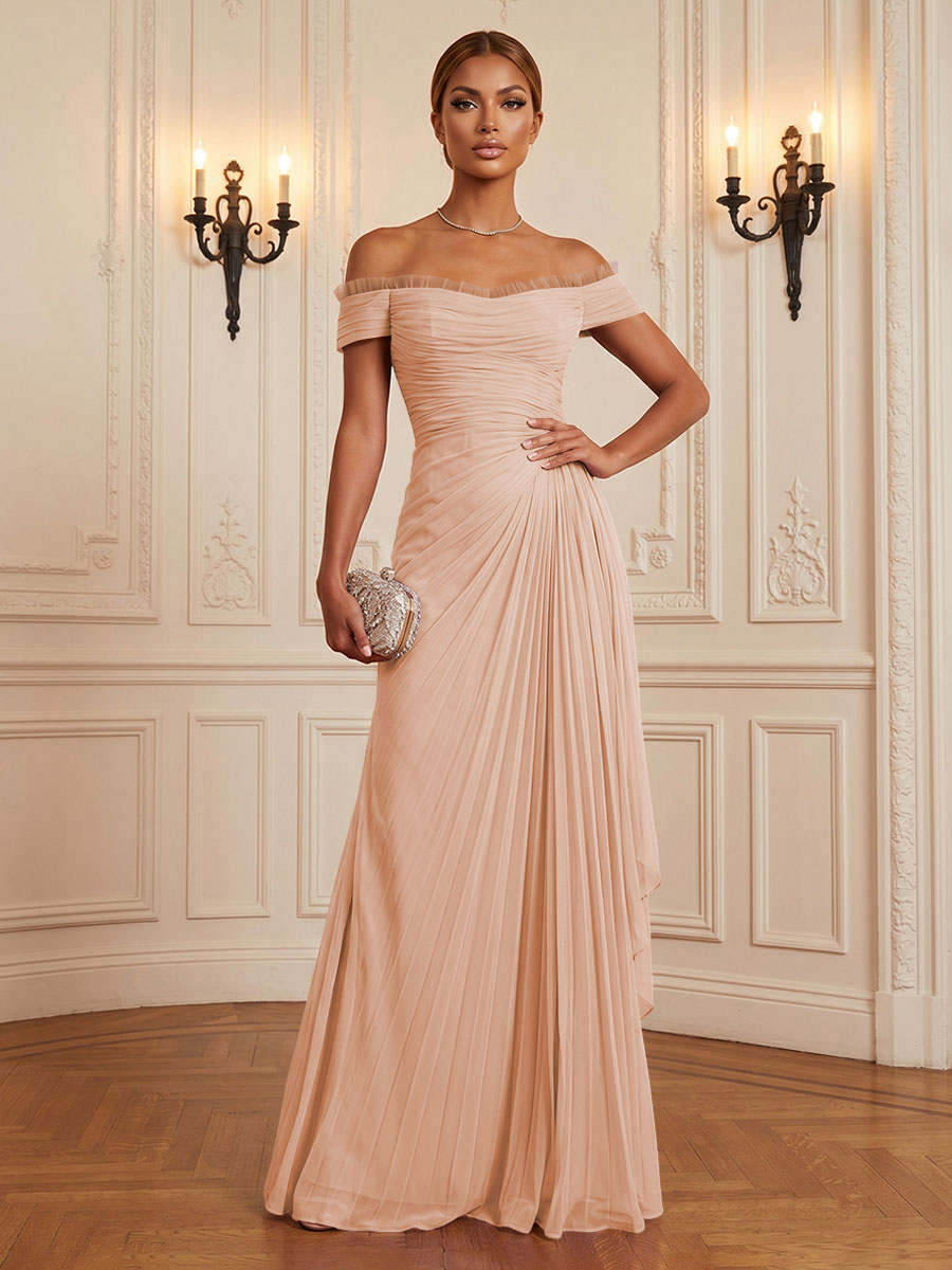Chiffon A-Line/Princess Off Shoulder Floor-Length Formal Dresses with Ruffles & Pleats