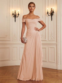 Chiffon A-Line/Princess Off Shoulder Floor-Length Formal Dresses with Ruffles & Pleats