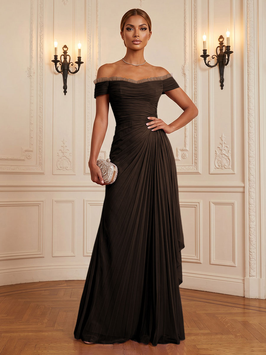 Chiffon A-Line/Princess Off Shoulder Floor-Length Formal Dresses with Ruffles & Pleats