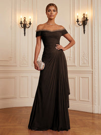 Chiffon A-Line/Princess Off Shoulder Floor-Length Formal Dresses with Ruffles & Pleats