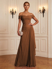 Chiffon A-Line/Princess Off Shoulder Floor-Length Formal Dresses with Ruffles & Pleats