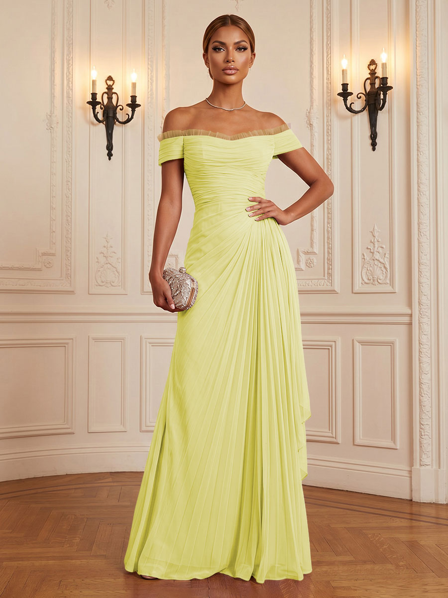 Chiffon A-Line/Princess Off Shoulder Floor-Length Formal Dresses with Ruffles & Pleats