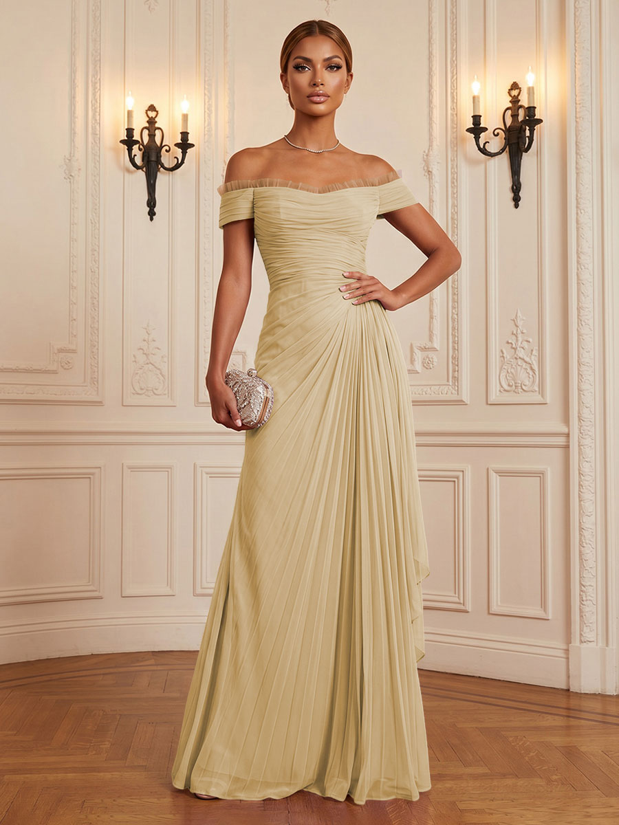 Chiffon A-Line/Princess Off Shoulder Floor-Length Formal Dresses with Ruffles & Pleats
